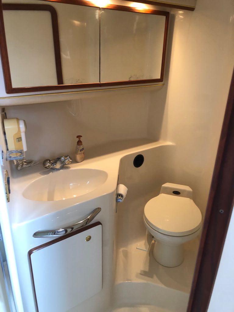 Bathroom aboard the Flybridge 47