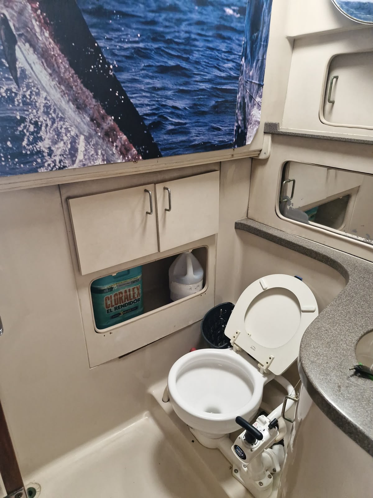 Private head with marine toilet on board the fishing charter in Puerto Morelos